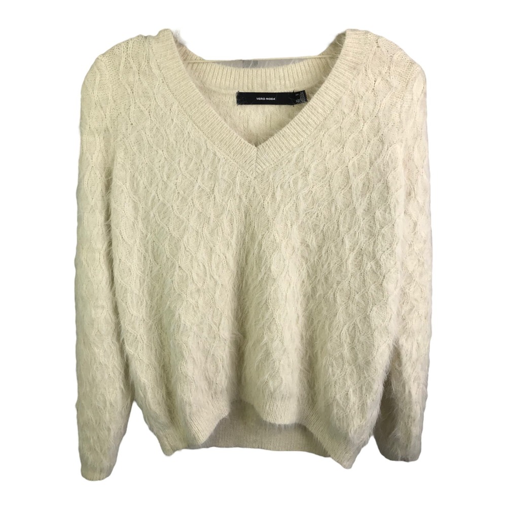 VERO MODA‎ Women's Pullover Sweater V-Neck Y2K Fluffy White Knit Long Sleeve S